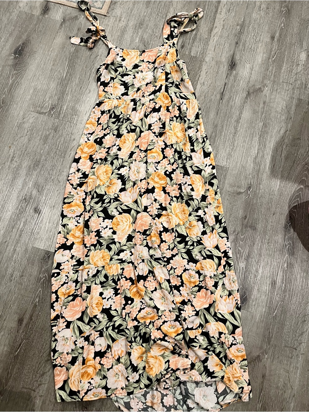 American Eagle Long Dress Black with Peach Floral Print